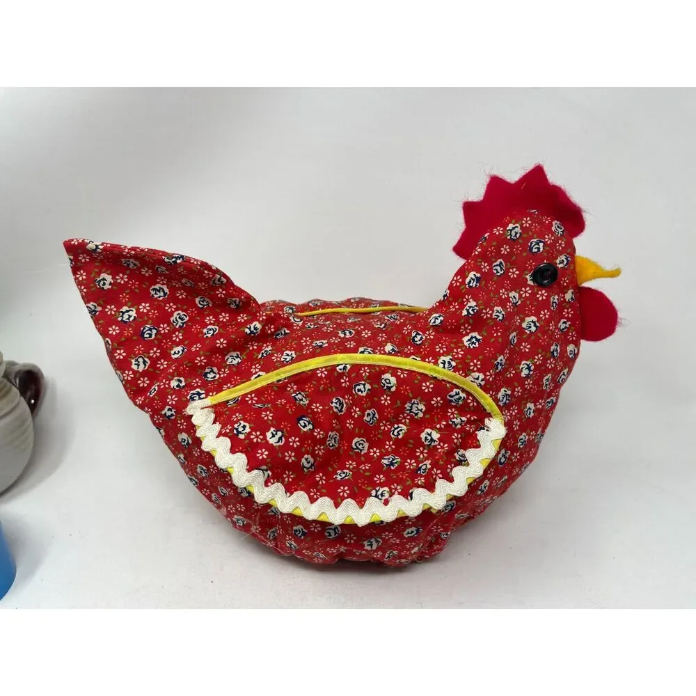 Handmade Vintage Chicken w/ Basket Cover Warmer Bread Bun Cover 2 Flaps Red